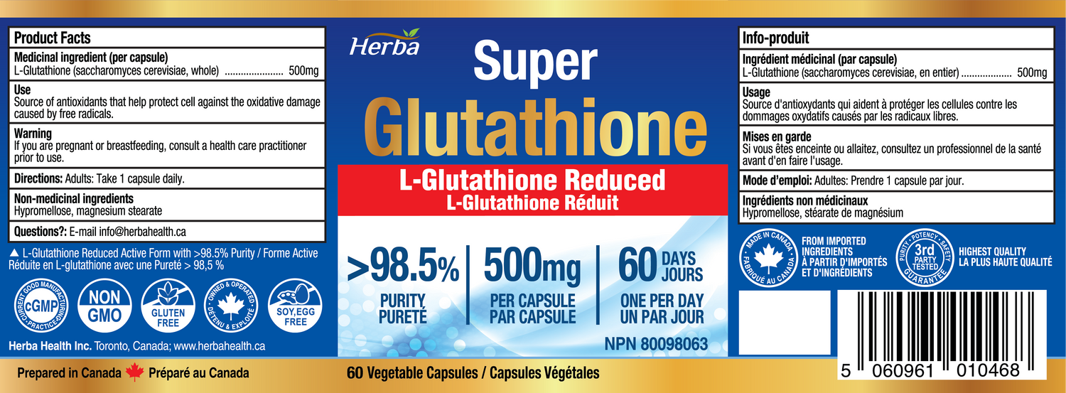 Suppléments de glutathion 500 mg, 60 gélules végétales-L-glutathion forme active réduite