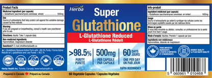 Suppléments de glutathion 500 mg, 60 gélules végétales-L-glutathion forme active réduite