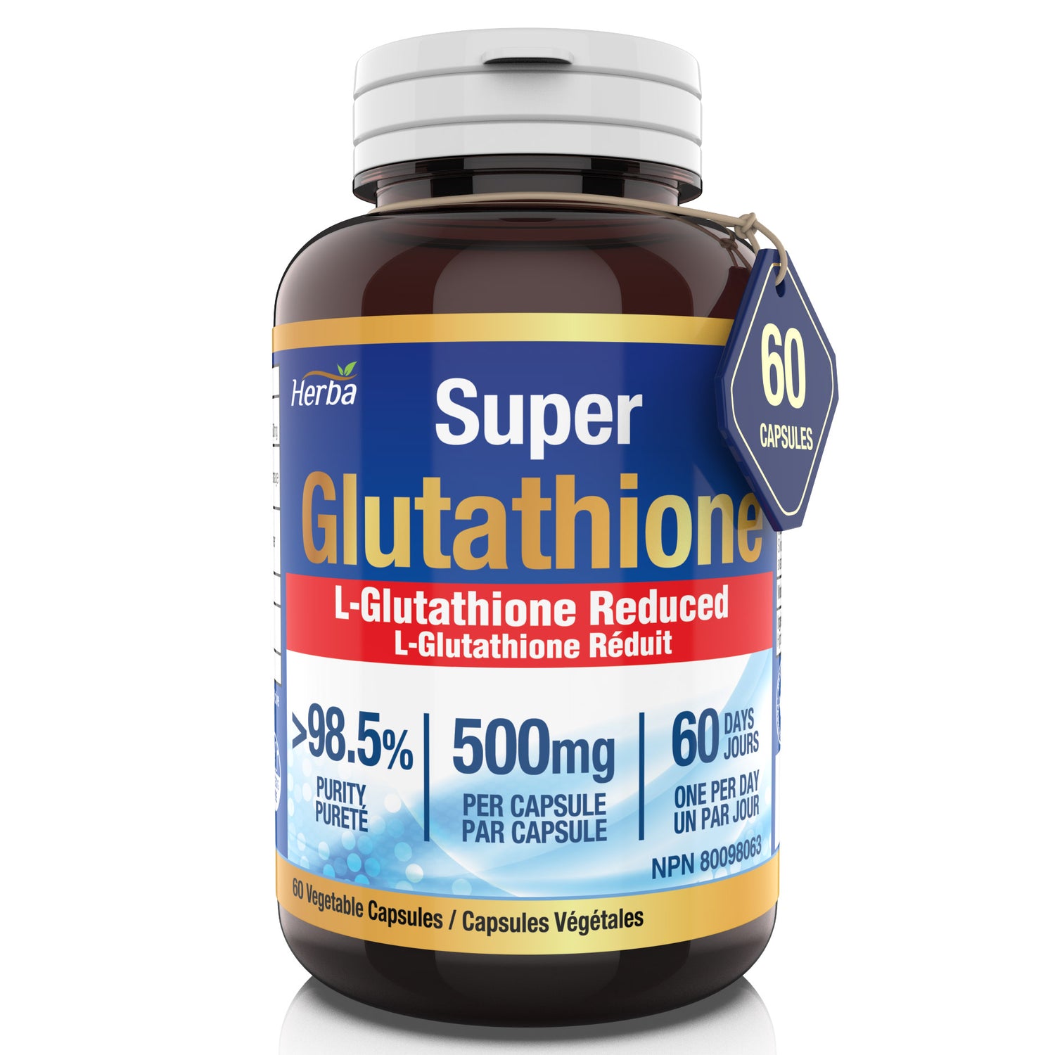 Suppléments de glutathion 500 mg, 60 gélules végétales-L-glutathion forme active réduite