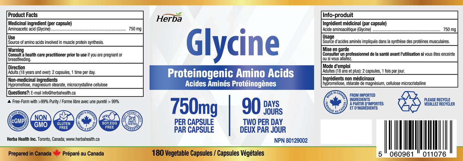 Herba Glycine Supplement 750mg - 180 Capsules - &gt;99% Ultra Pure Glycine Capsules | Made in Canada