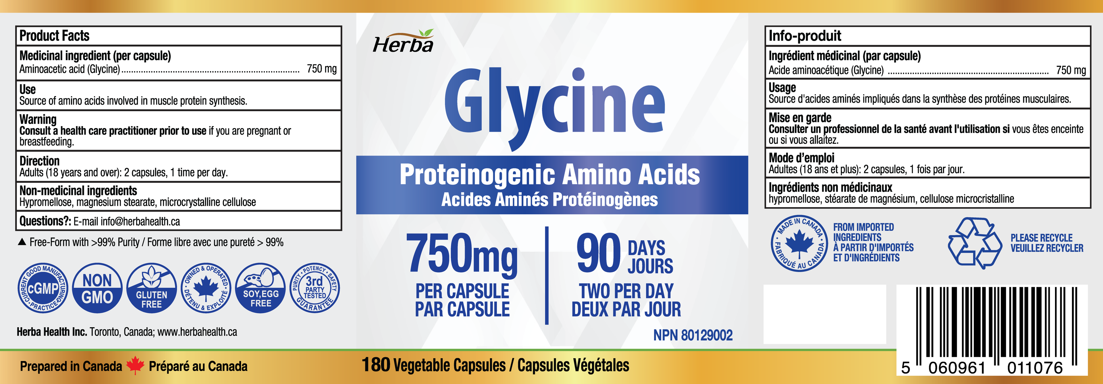 Herba Glycine Supplement 750mg - 180 Capsules - &gt;99% Ultra Pure Glycine Capsules | Made in Canada