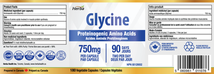 Herba Glycine Supplement 750mg - 180 Capsules - &gt;99% Ultra Pure Glycine Capsules | Made in Canada