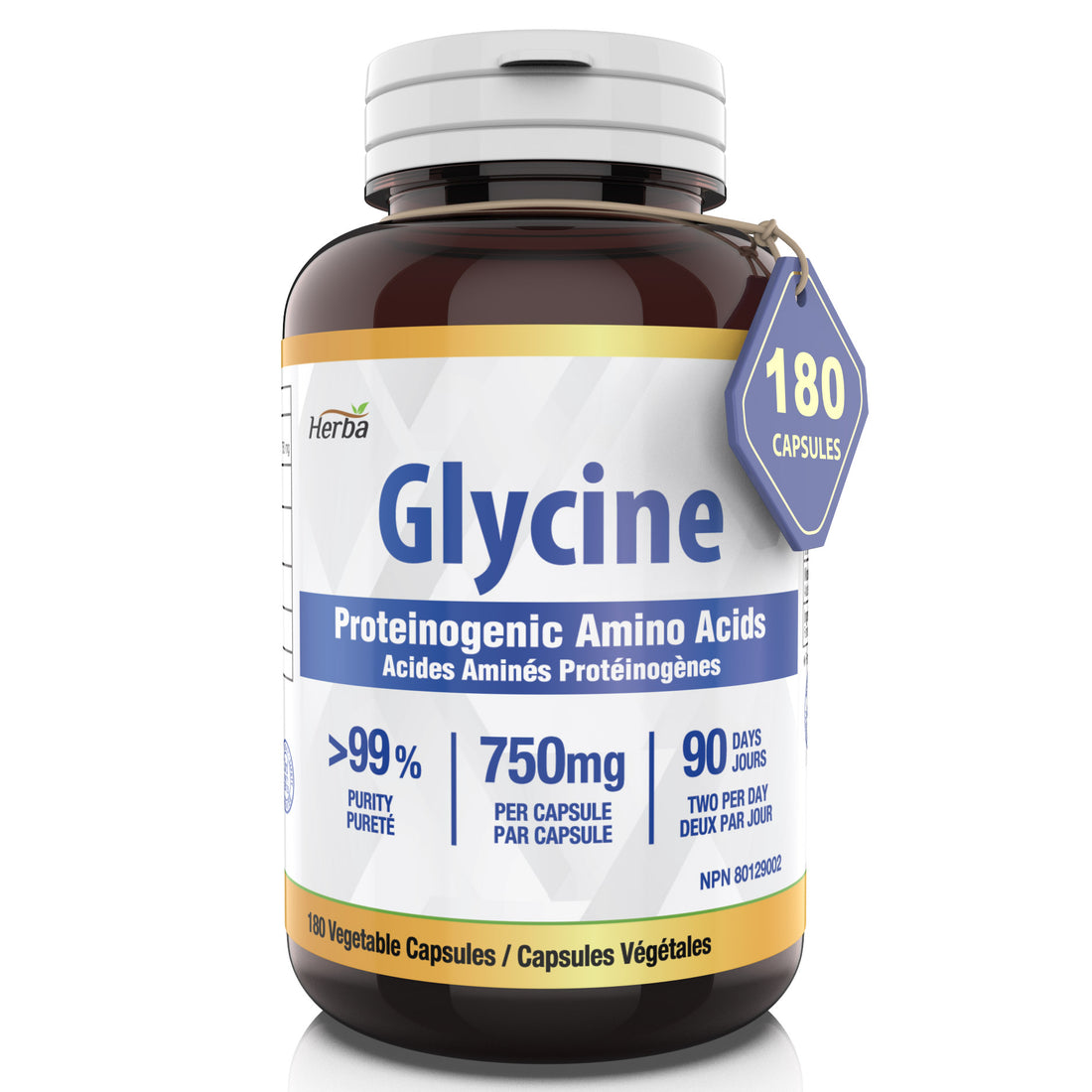 Glycine Supplement 750mg - 180 Capsules - >99% Ultra Pure Glycine Capsules | Made in Canada
