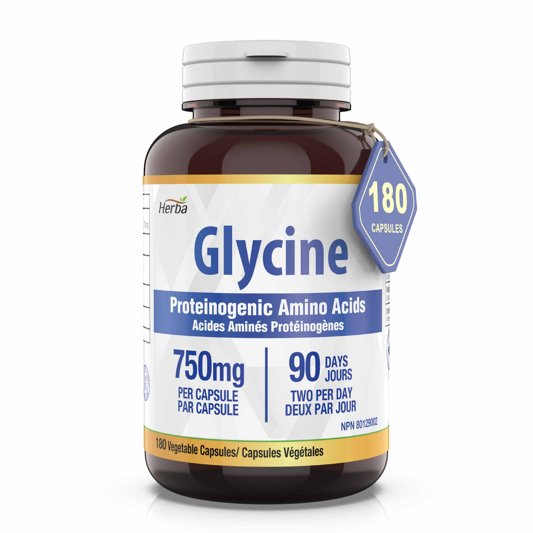 Herba Glycine Supplement 750mg - 180 Capsules - &gt;99% Ultra Pure Glycine Capsules | Made in Canada