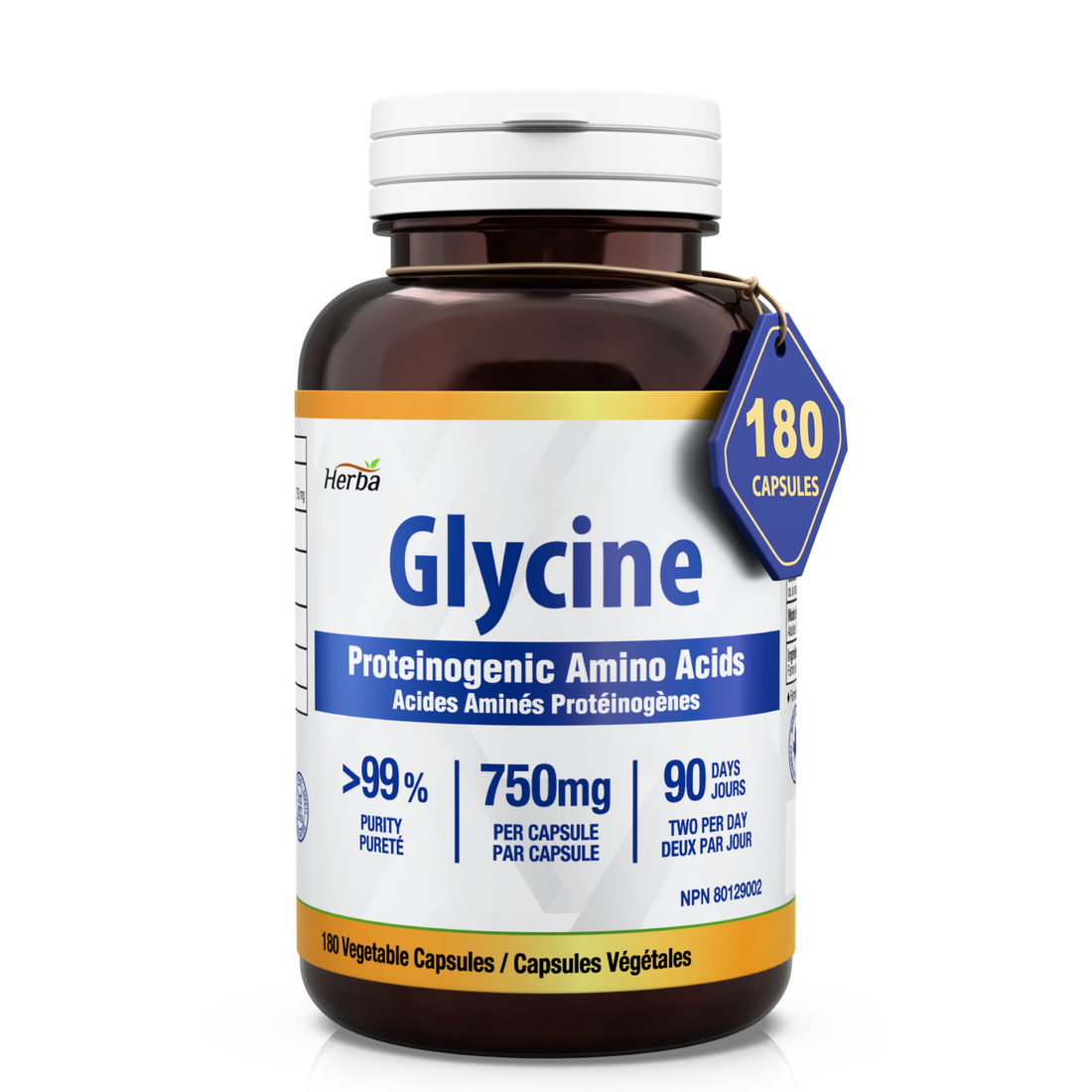Herba Glycine Supplement 750mg - 180 Capsules - >99% Ultra Pure Glycine Capsules | Made in Canada
