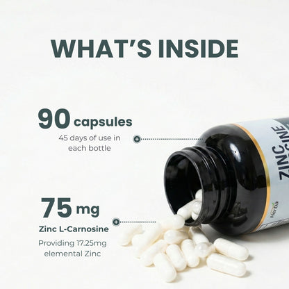 Zinc Carnosine Supplement – 90 Capsules | 150mg Per Serving (75mg Per Capsules) | Made in Canada