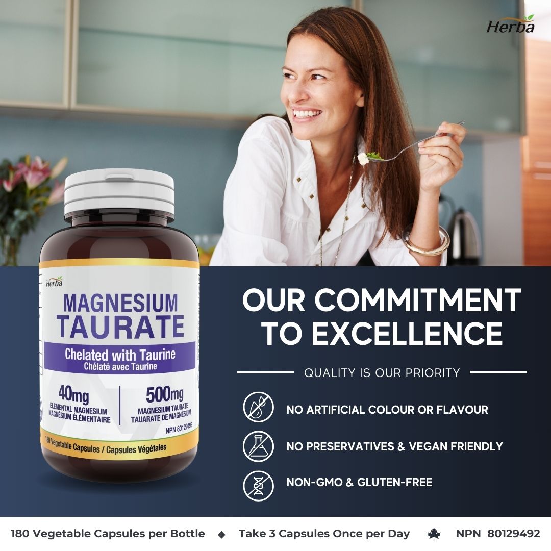 Supplément de taurate de magnésium 500 mg - 180 gélules | Fabriqué au Canada