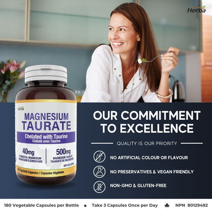 Supplément de taurate de magnésium 500 mg - 180 gélules | Fabriqué au Canada