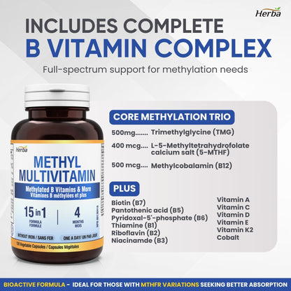 Methylated Multivitamin with TMG &amp; Full Methylated B Complex - 120 Capsules | 15 in 1 Formula | Made in Canada