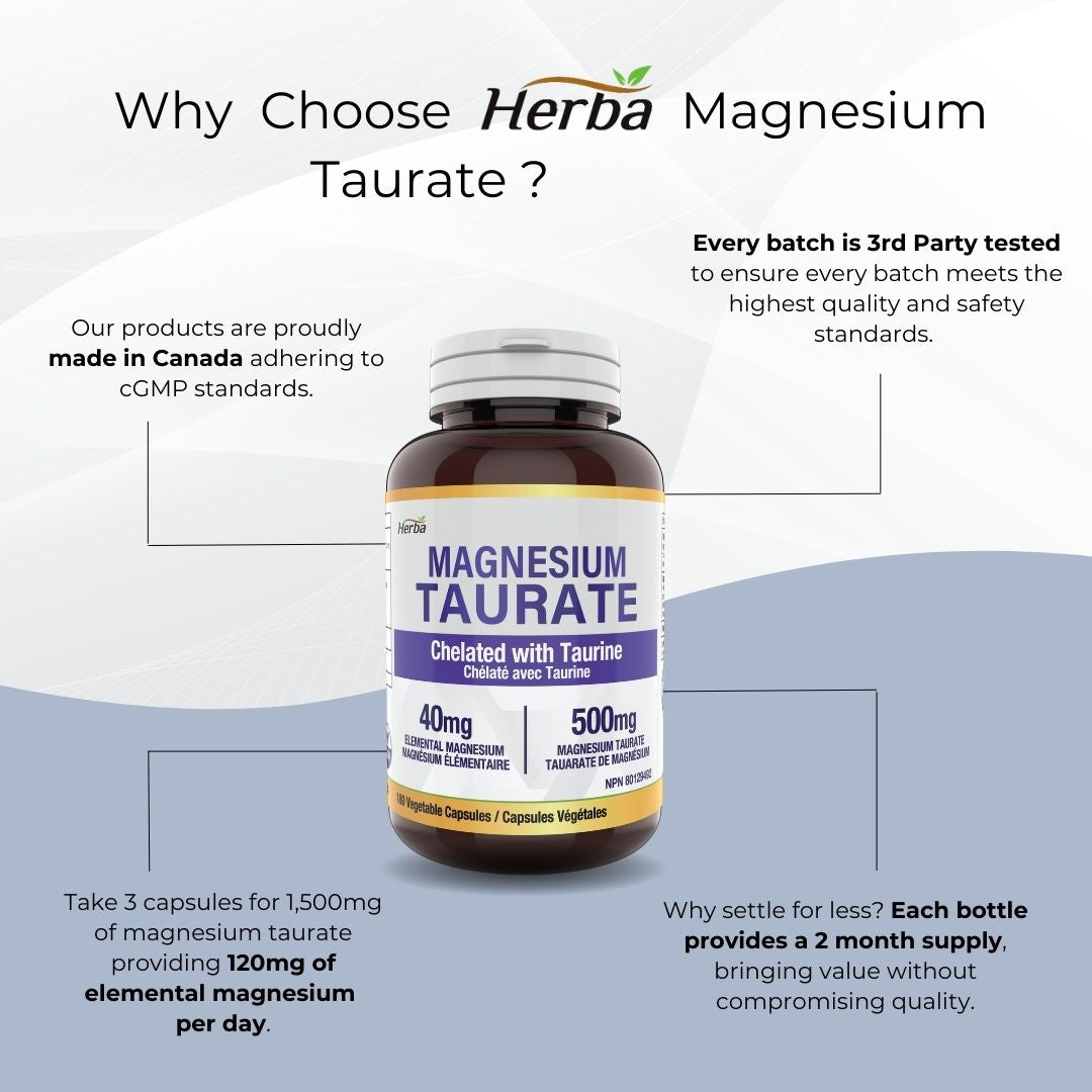 Supplément de taurate de magnésium 500 mg - 180 gélules | Fabriqué au Canada