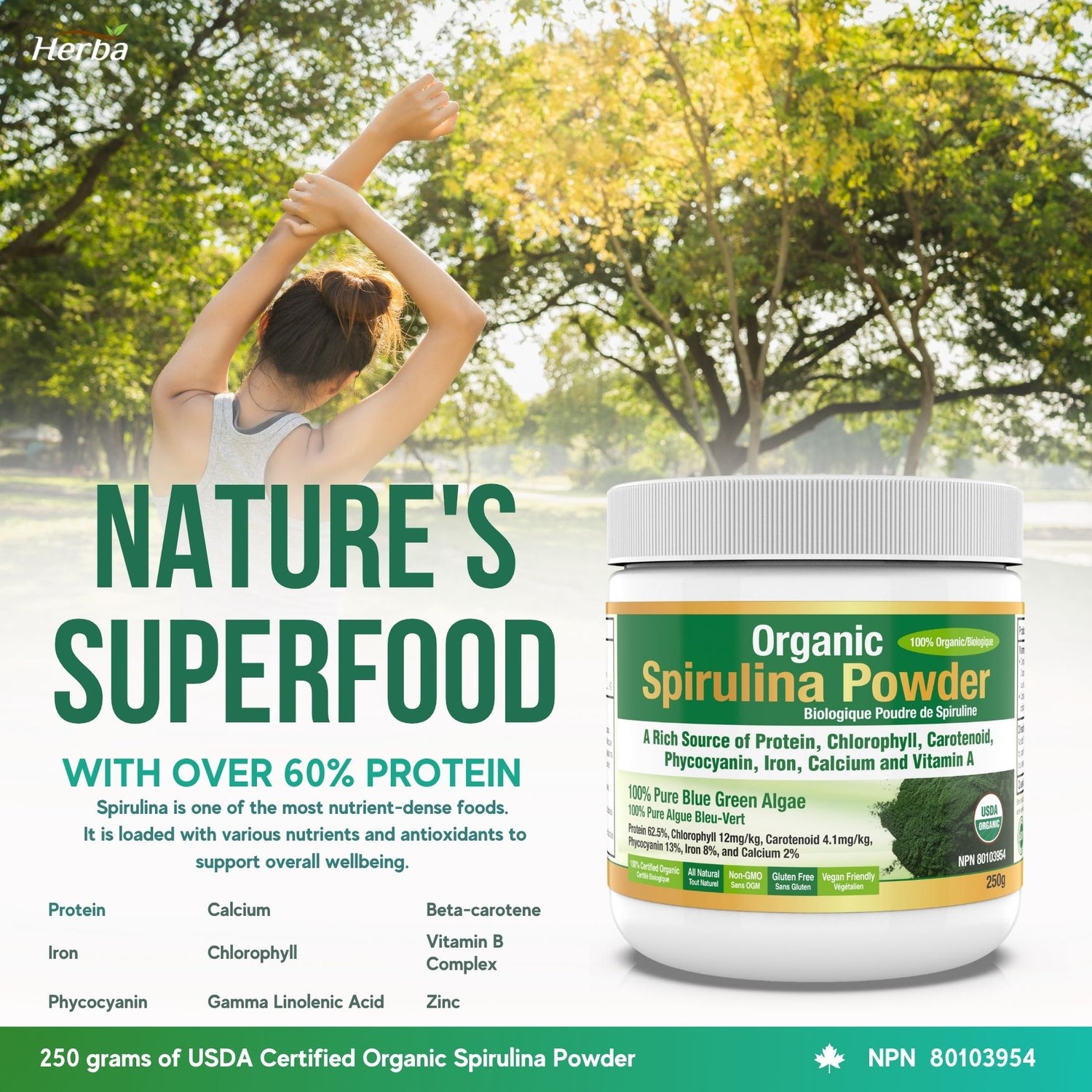 Organic Spirulina Powder 250g - 100% Organic &amp; Made in Canada