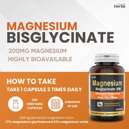 Bisglycinate de Magnésium 200mg - 240 Gélules Végétales