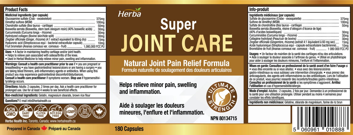 Joint Care Supplement with Glucosamine Chondroitin MSM Capsules – 180 Capsules