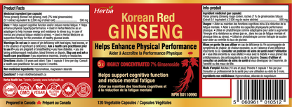 Korean Red Ginseng Extract Capsules – 5:1, 2500mg Equivalent | 120 Vegetable Capsules