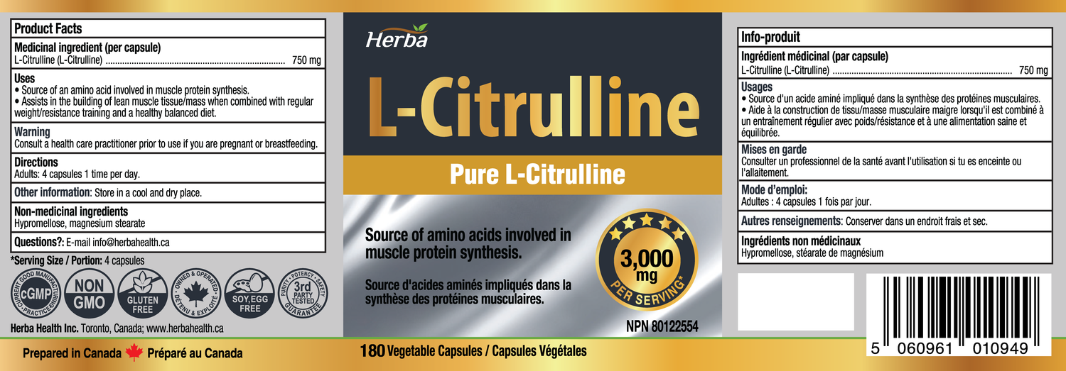 Supplément L-Citrulline 750 mg – 180 Gélules Végétales | Fabriqué au Canada