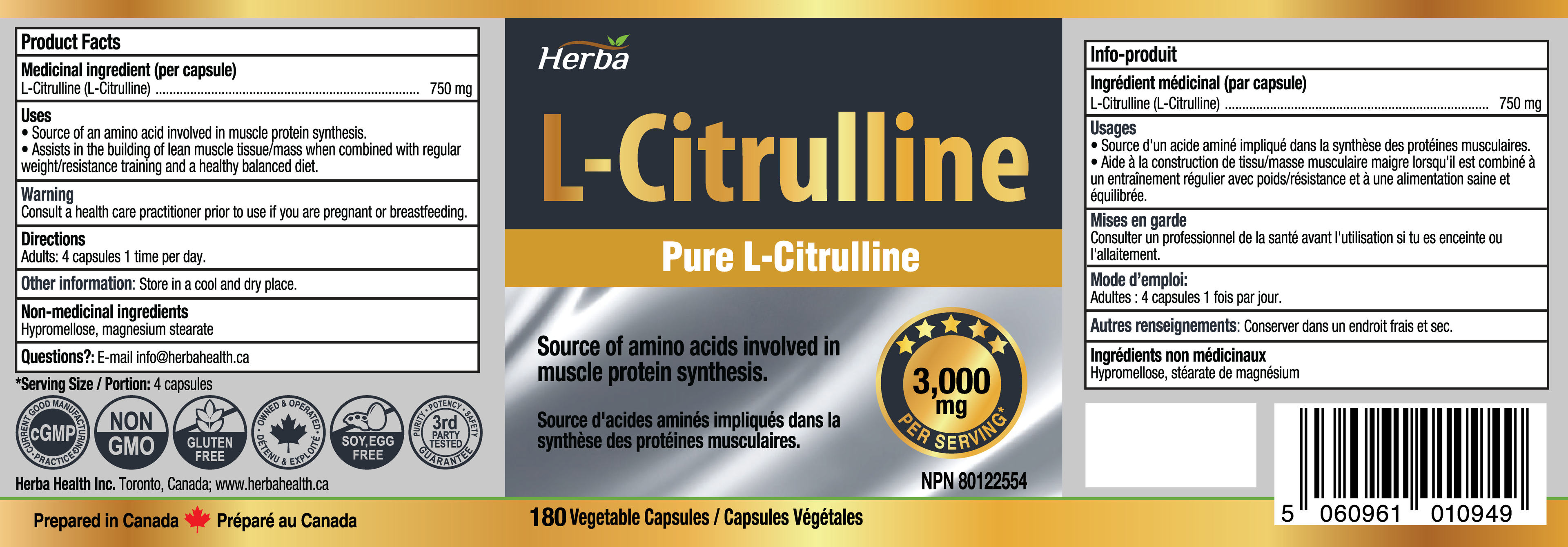 Supplément L-Citrulline 750 mg – 180 Gélules Végétales | Fabriqué au Canada