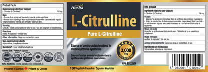 Supplément L-Citrulline 750 mg – 180 Gélules Végétales | Fabriqué au Canada