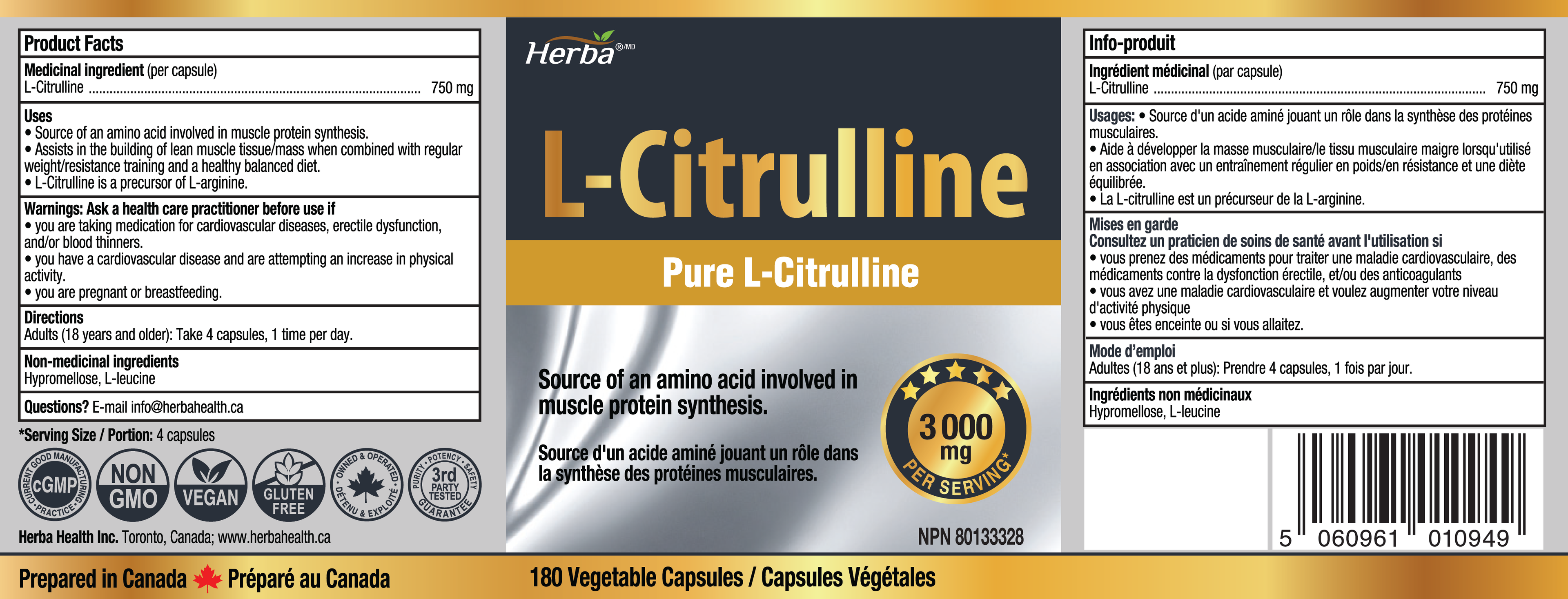 Supplément L-Citrulline 750 mg – 180 Gélules Végétales | Fabriqué au Canada