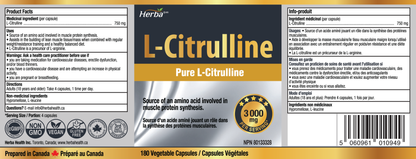 Supplément L-Citrulline 750 mg – 180 Gélules Végétales | Fabriqué au Canada