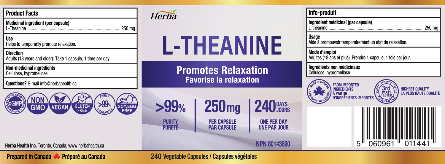 Herba L-Theanine Supplement 250mg – 240 Capsules | Promotes Relaxation Without Drowsiness | Anxiety Relief Support | 8 Month Supply | Made in Canada