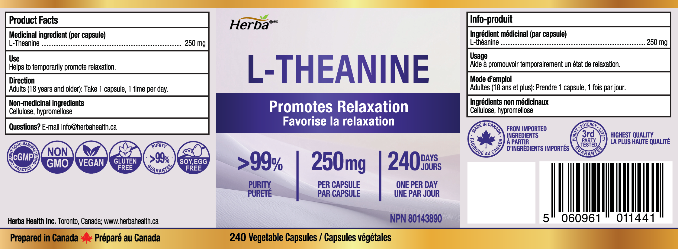 L-Theanine Supplement 250mg – 240 Capsules | Promotes Relaxation Without Drowsiness | 8 Month Supply | Made in Canada