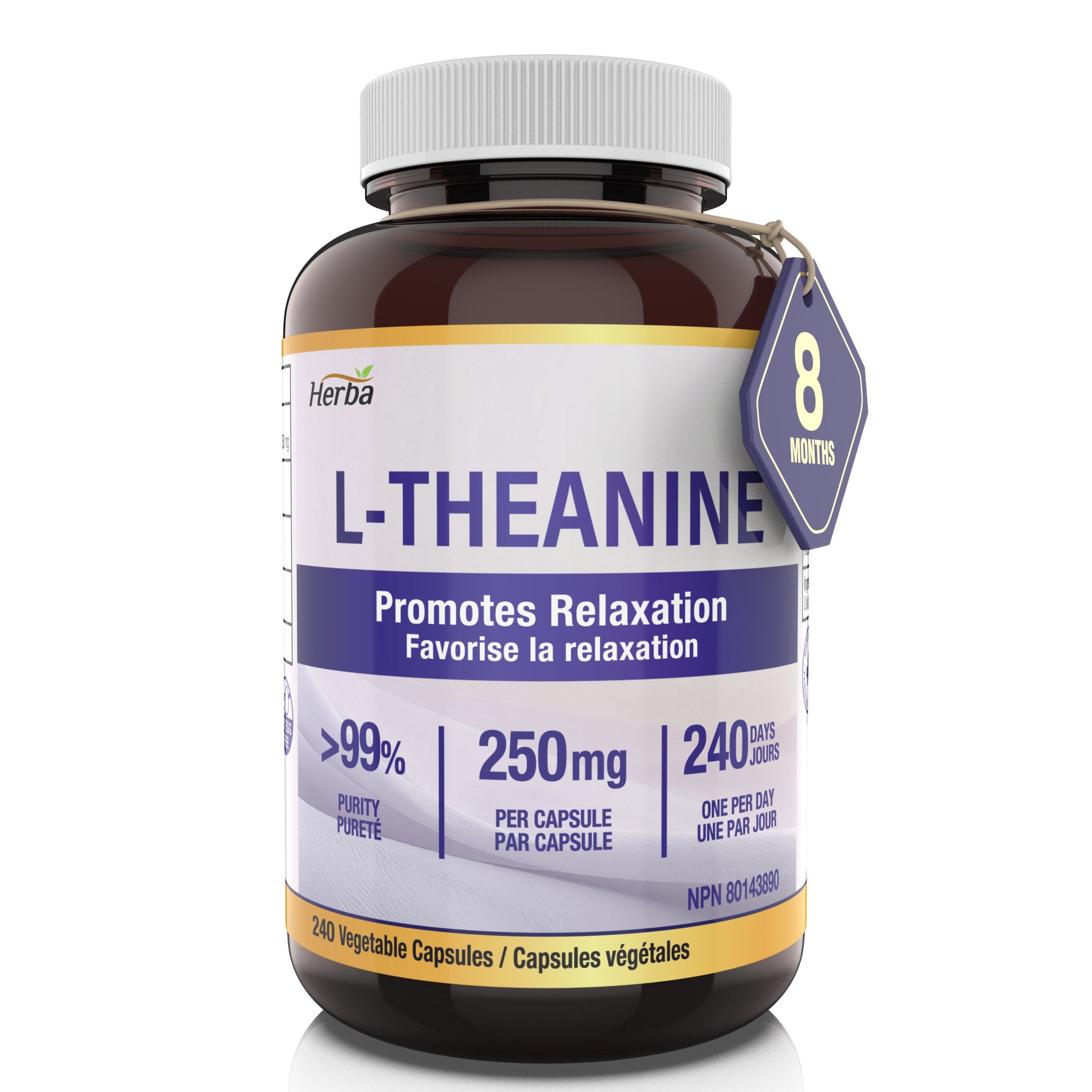 Supplément de L-Théanine 250mg – 240 Capsules | Favorise la relaxation sans somnolence | Approvisionnement de 8 mois | Fabriqué au Canada