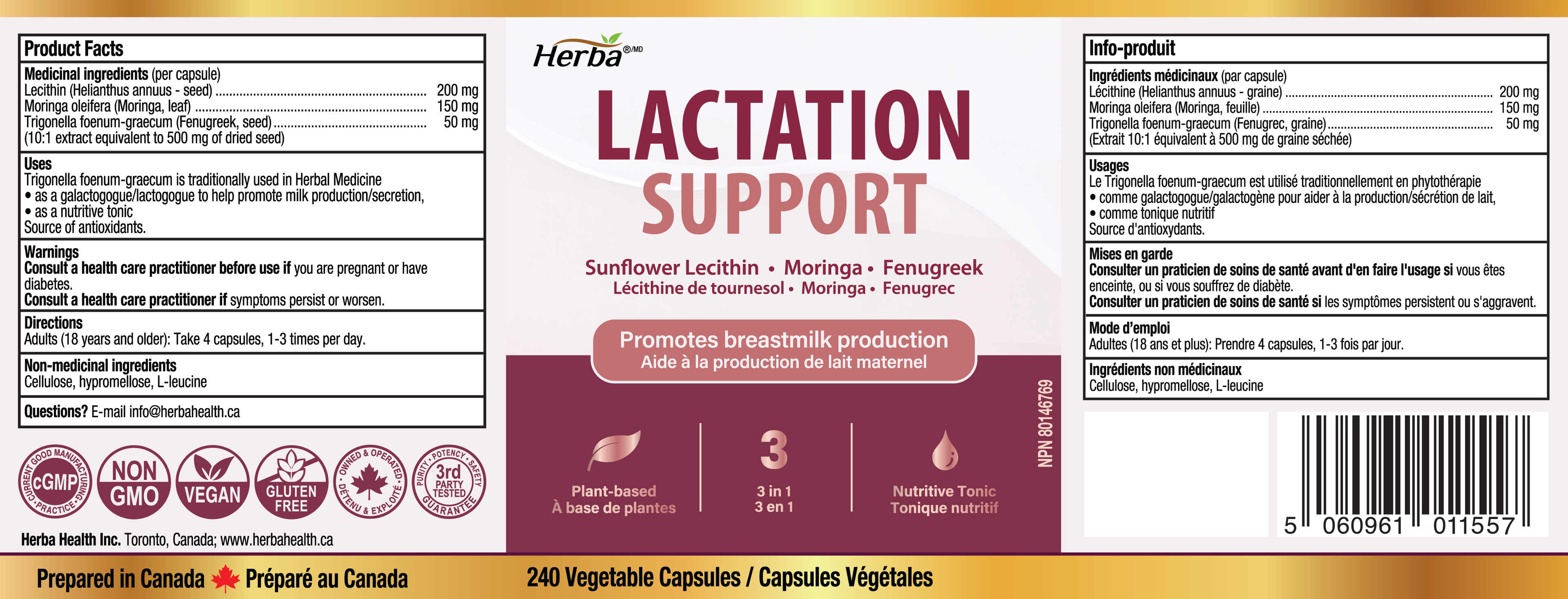 Herba Lactation Supplement – 240 Capsules | 3-in-1 | Sunflower Lecithin, Moringa &amp; Fenugreek Capsules | Made in Canada