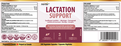 Herba Lactation Supplement – 240 Capsules | 3-in-1 | Sunflower Lecithin, Moringa &amp; Fenugreek Capsules | Made in Canada