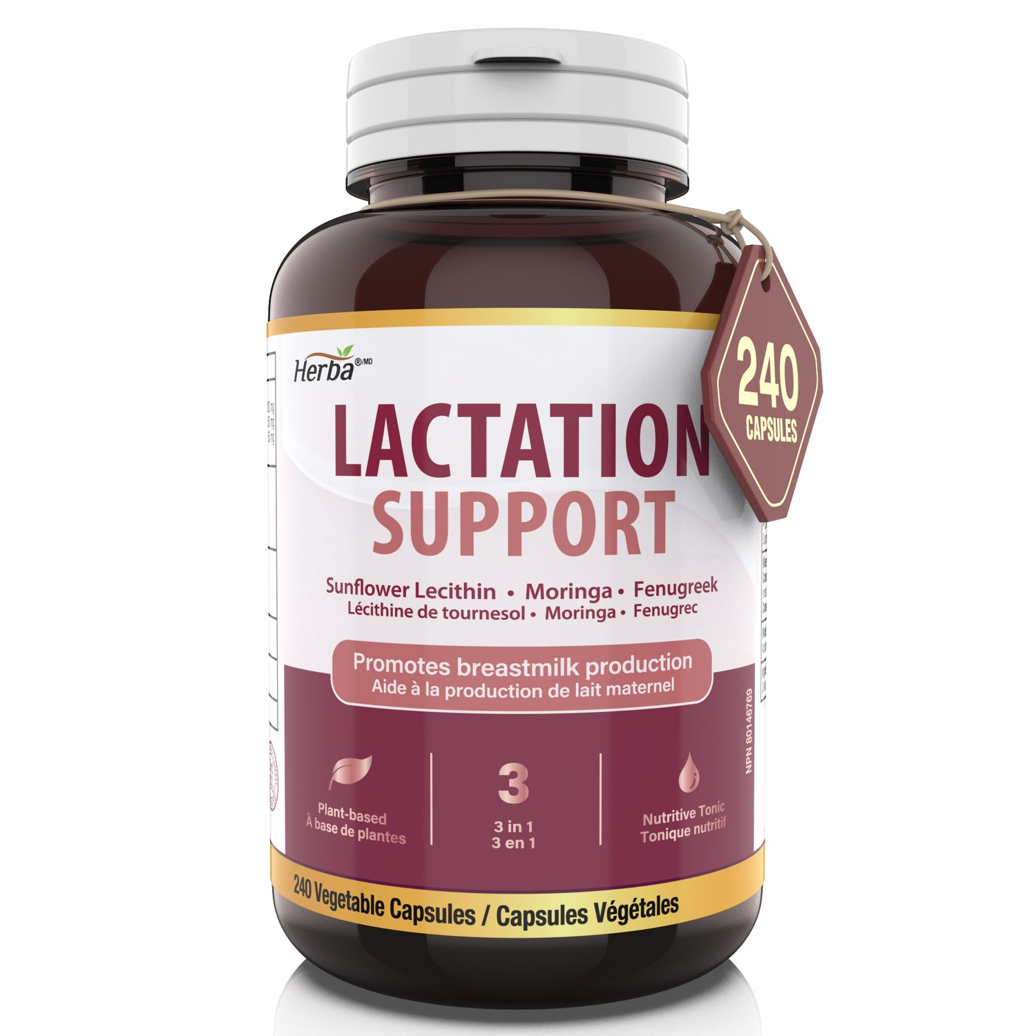 Herba Lactation Supplement – 240 Capsules | 3-in-1 | Sunflower Lecithin, Moringa &amp; Fenugreek Capsules | Made in Canada