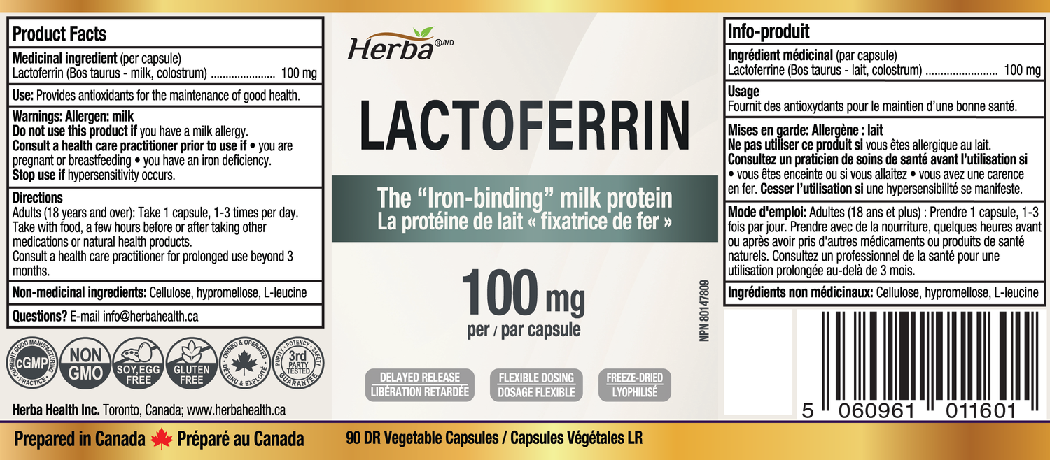 Lactoferrin Supplement 100mg - 90 DR Capsules | Made in Canada