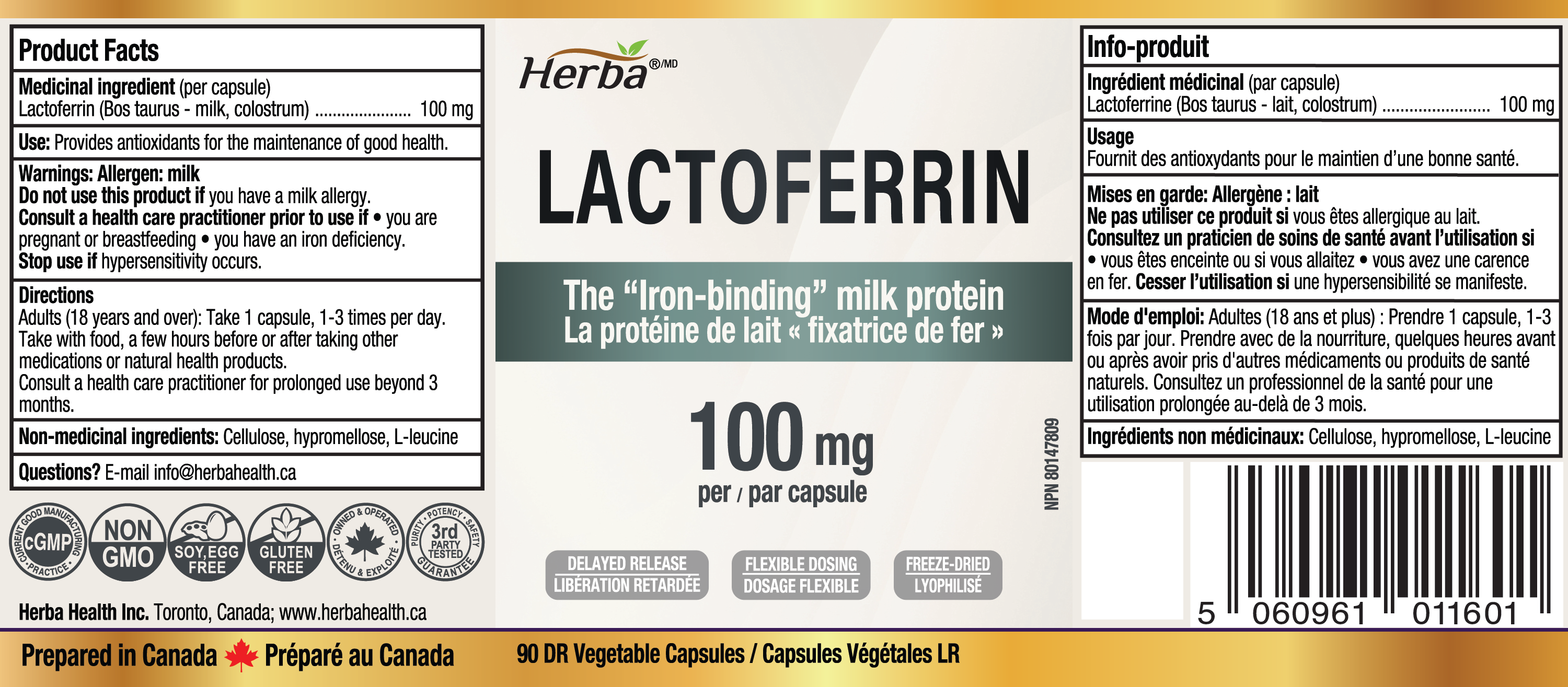 Lactoferrin Supplement 100mg - 90 DR Capsules | Made in Canada