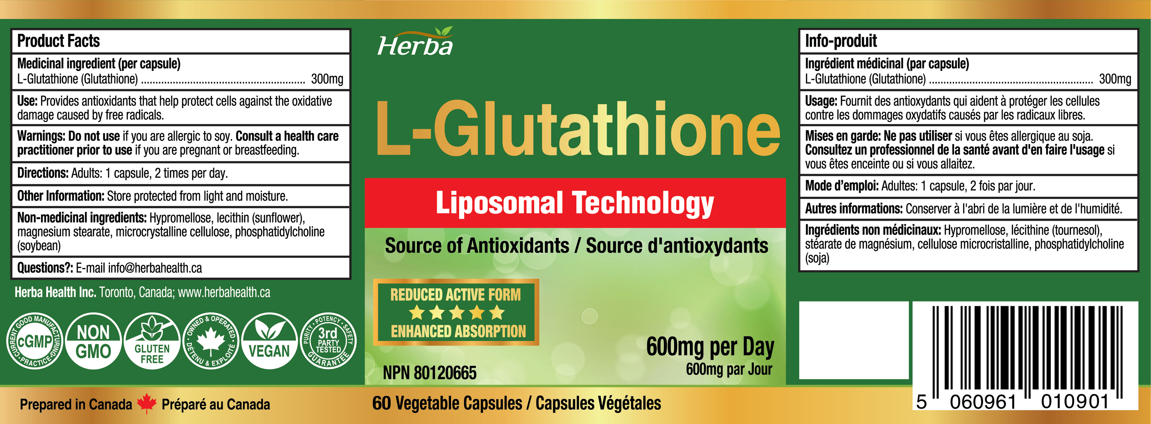 Supplément de glutathion liposomal - 600 mg par jour | 60 capsules végétales