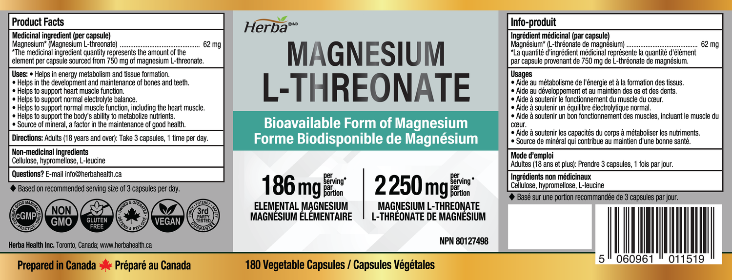 Magnesium L-Threonate Supplement – 186mg | Made in Canada | 180 Vegetable Capsules
