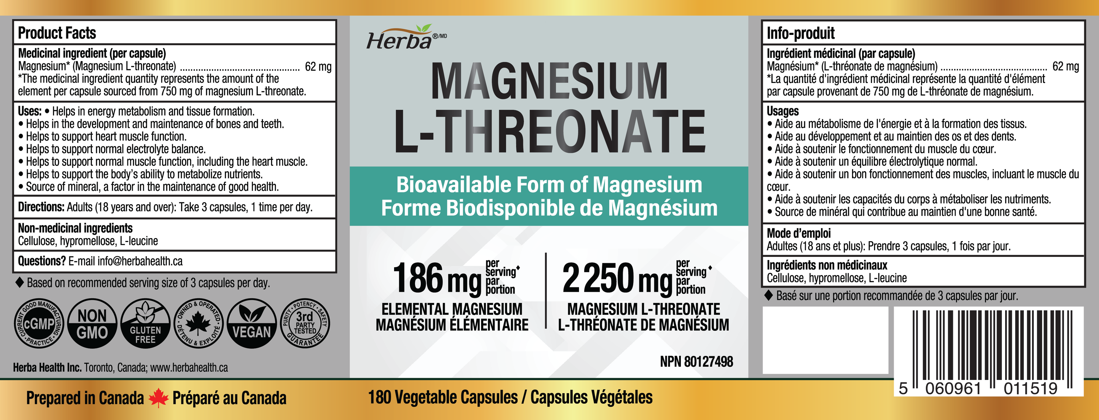 Magnesium L-Threonate Supplement – 186mg | Made in Canada | 180 Vegetable Capsules
