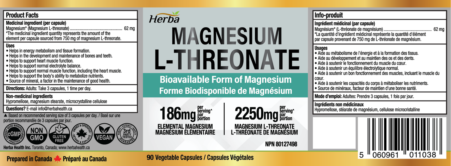Magnesium L-Threonate Supplement – 186mg | Made in Canada | 90 Vegetable Capsules