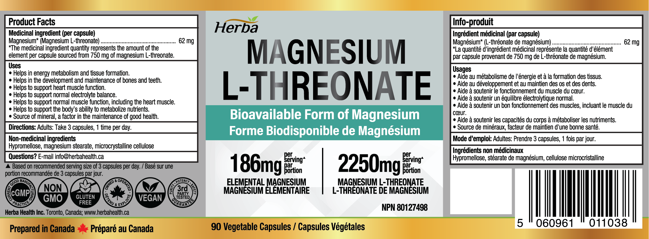 Magnesium L-Threonate Supplement – 186mg | Made in Canada | 90 Vegetable Capsules