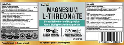 Magnesium L-Threonate Supplement – 186mg | Made in Canada | 90 Vegetable Capsules
