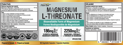 Magnesium L-Threonate Supplement – 186mg | Made in Canada | 90 Vegetable Capsules