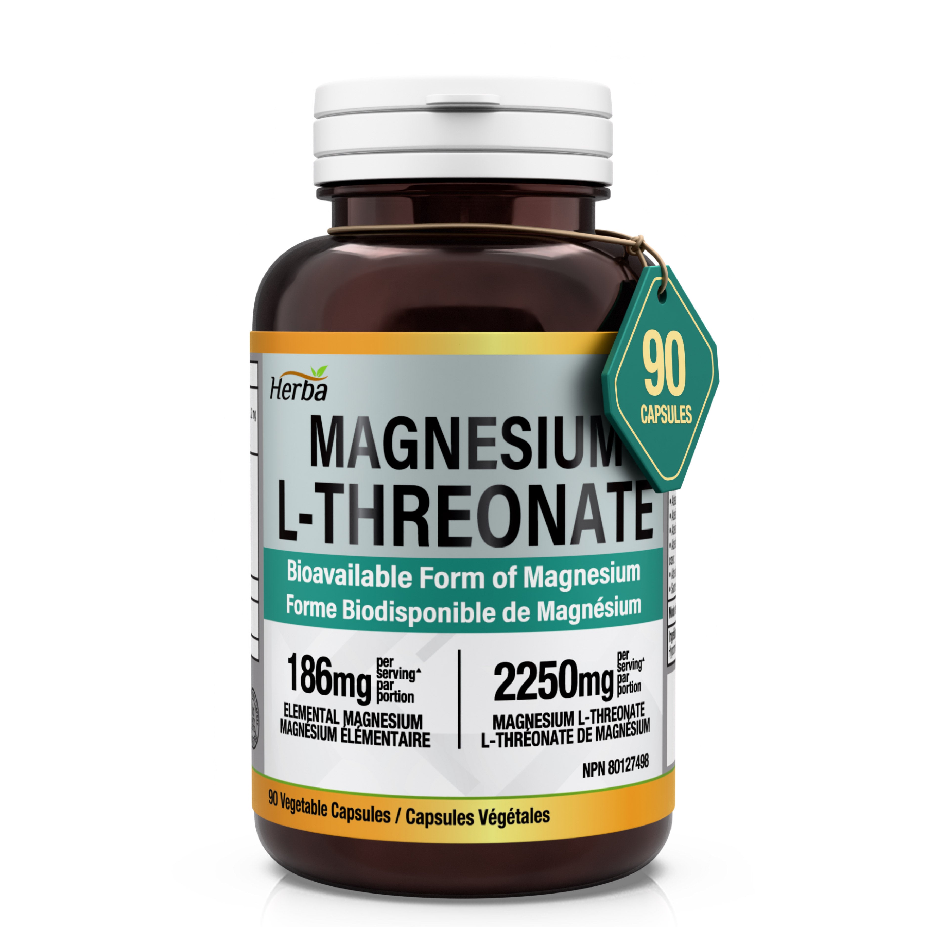 Magnesium L-Threonate Supplement – 186mg | Made in Canada | 90 Vegetable Capsules