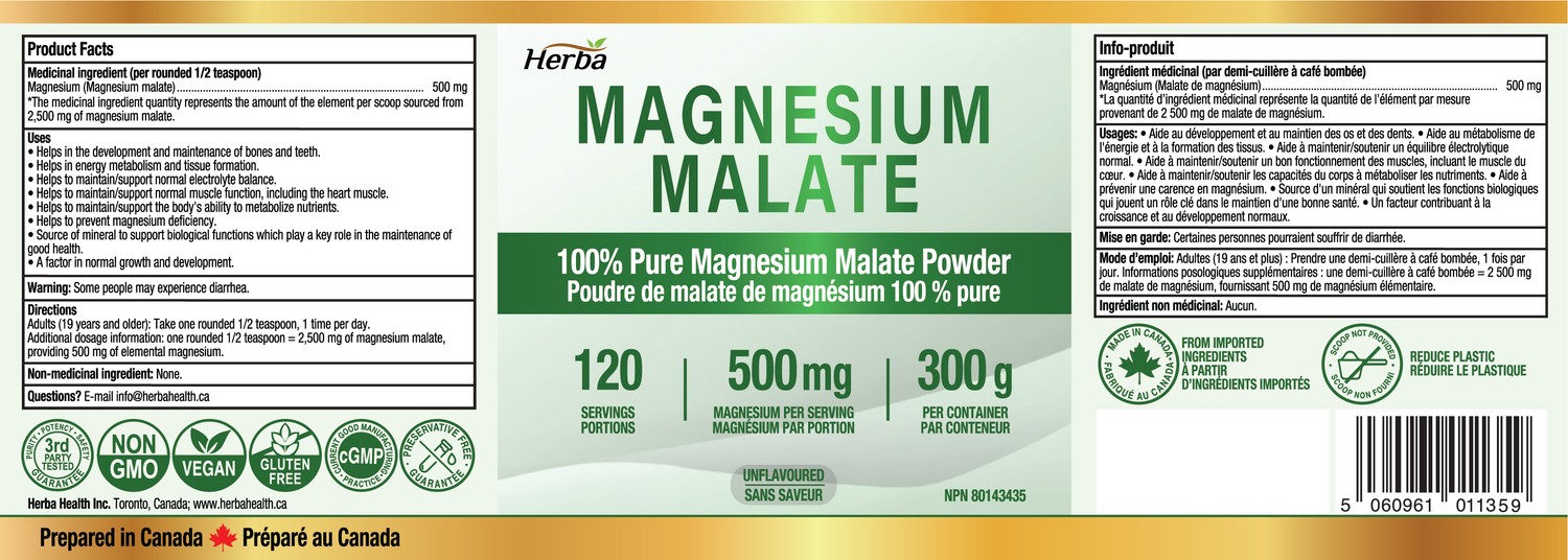 Magnesium Malate Powder 300g – 120 Servings | 4 Month Supply | 100% Pure Unflavoured Magnesium Malate | Made in Canada