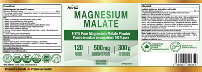 Magnesium Malate Powder 300g – 120 Servings | 4 Month Supply | 100% Pure Unflavoured Magnesium Malate | Made in Canada