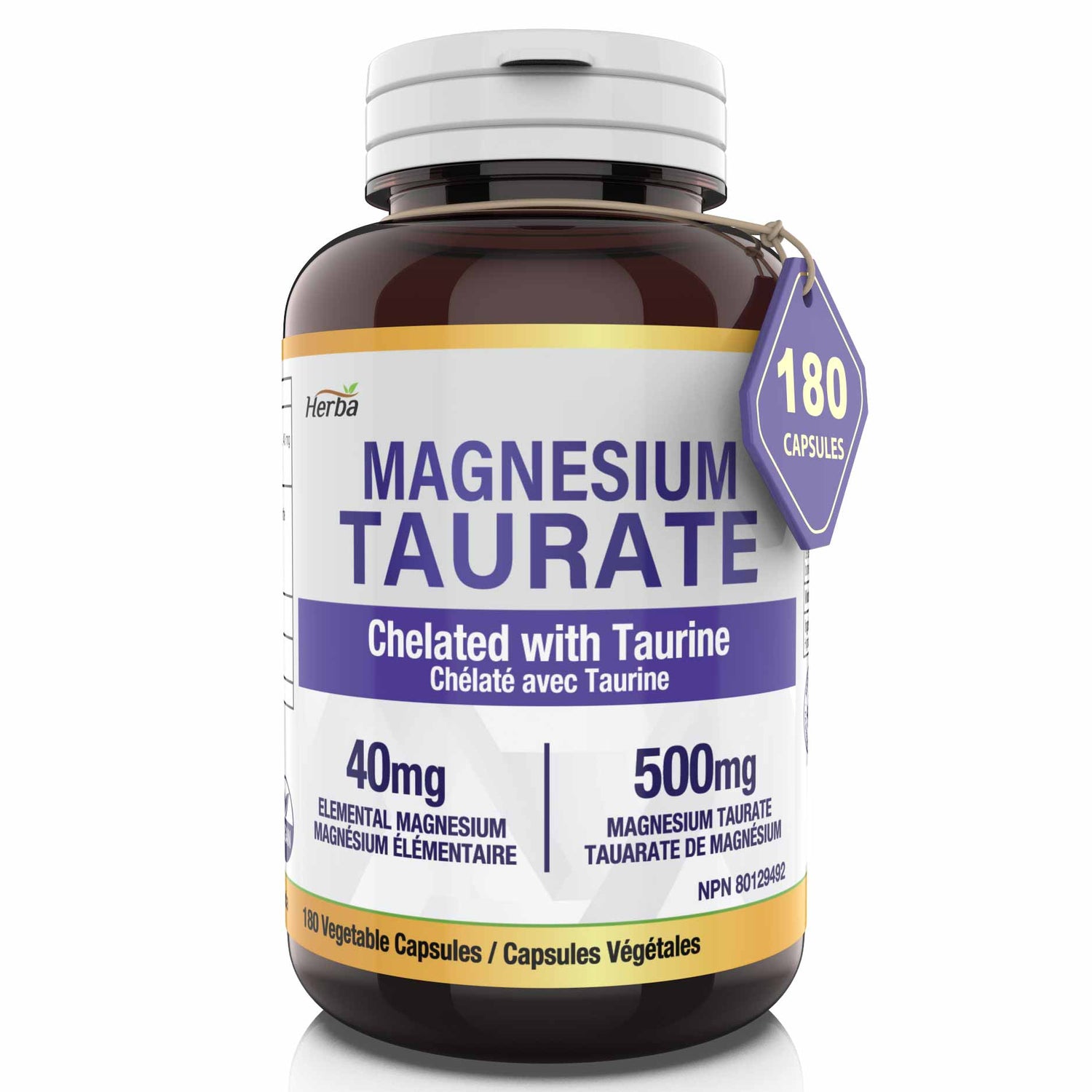 Supplément de taurate de magnésium 500 mg - 180 gélules | Fabriqué au Canada