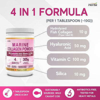 Marine Collagen Powder with Hyaluronic Acid, Silica, and Vitamin C – 305g | Made in Canada