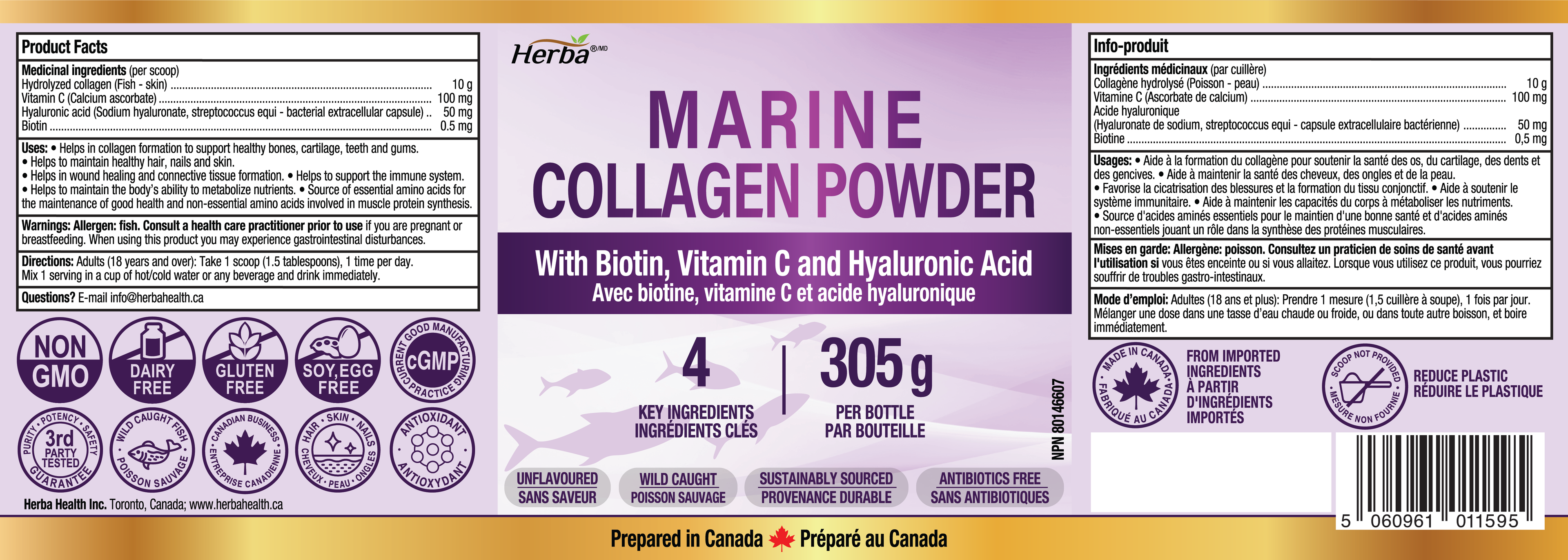 Marine Collagen Powder with Hyaluronic Acid, Vitamin C, and Biotin – 305g | Made in Canada