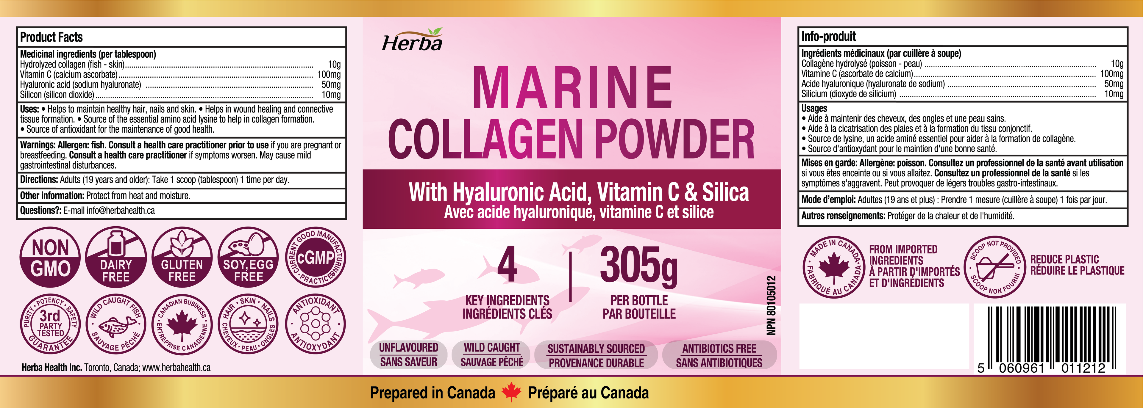 Marine Collagen Powder with Hyaluronic Acid, Silica, and Vitamin C – 305g (New) | Made in Canada