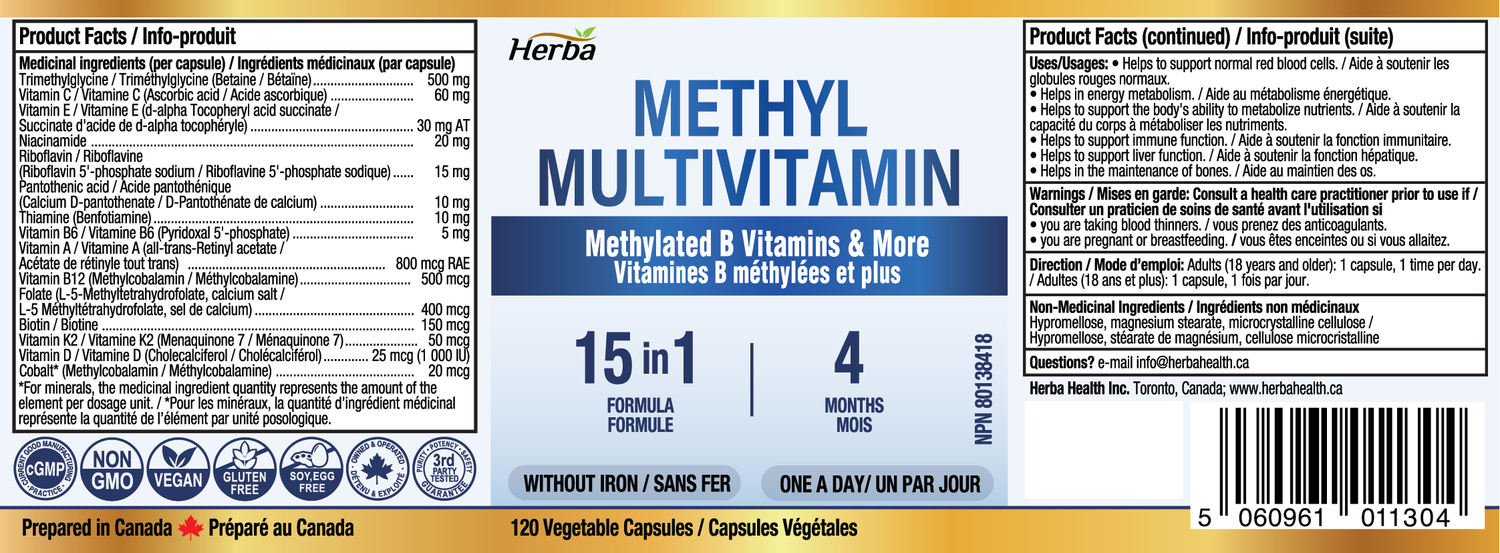 Methylated Multivitamin with TMG &amp; Full Methylated B Complex - 120 Capsules | 15 in 1 Formula | Made in Canada