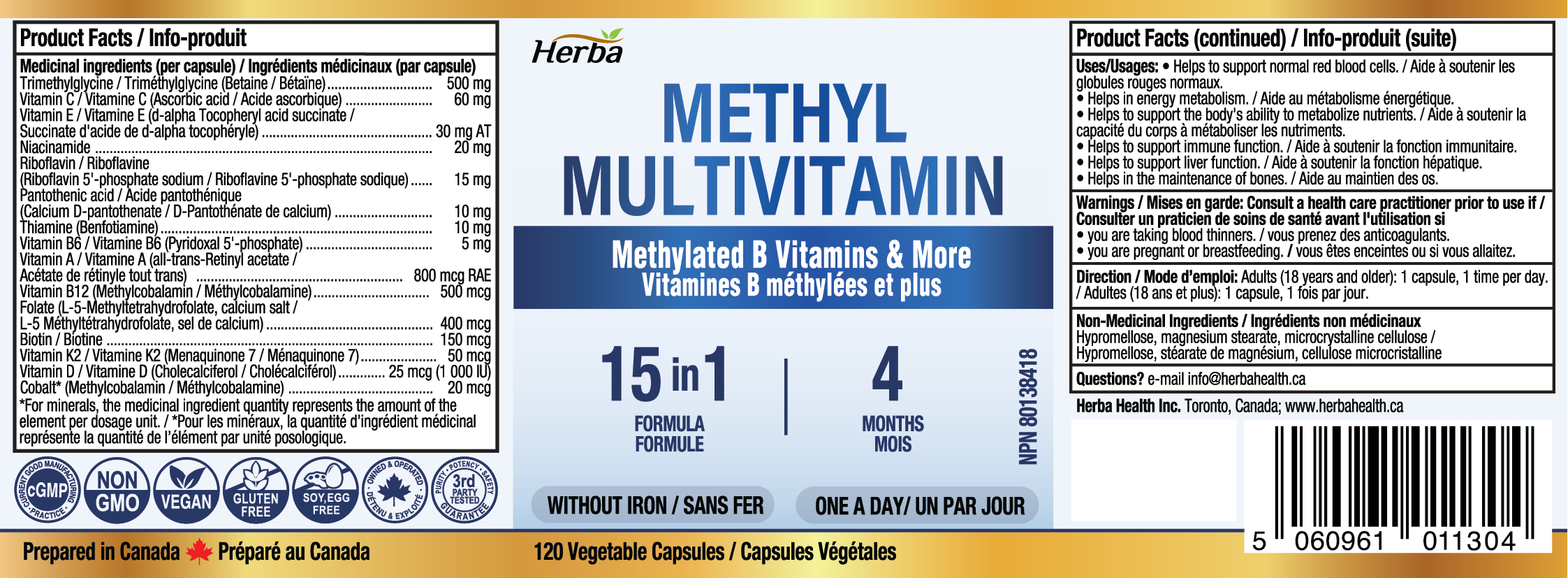 Methylated Multivitamin with TMG &amp; Full Methylated B Complex - 120 Capsules | 15 in 1 Formula | Made in Canada