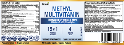 Methylated Multivitamin with TMG &amp; Full Methylated B Complex - 120 Capsules | 15 in 1 Formula | Made in Canada