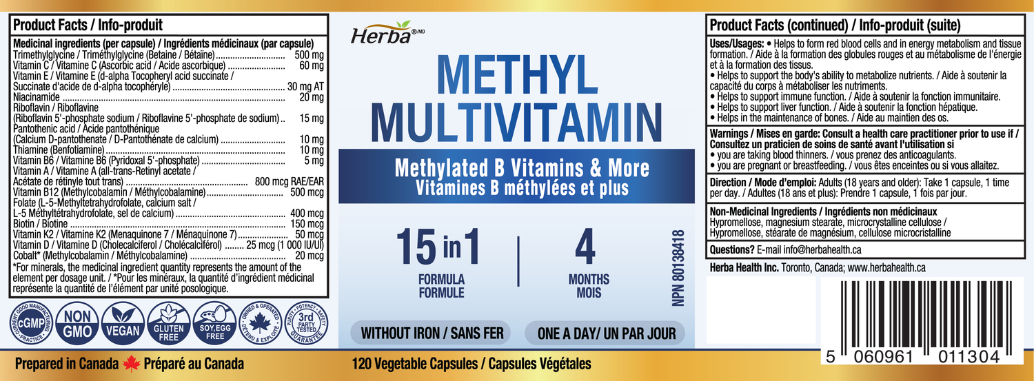 Multivitamine méthylée avec TMG et complexe B méthylé complet - 120 capsules | Formule 15 en 1 | Fabriqué au Canada