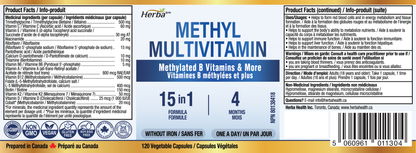 Multivitamine méthylée avec TMG et complexe B méthylé complet - 120 capsules | Formule 15 en 1 | Fabriqué au Canada